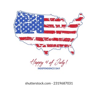 USA Independence Day banner. 4 of July card with grunge United States of America flag in USA map shape. Holiday poster design. Vector.