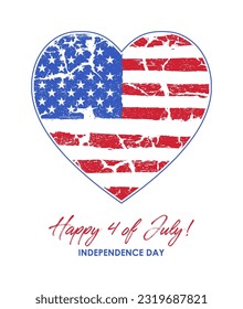USA Independence Day banner. 4 of July card with grunge United States of America flag in heart shape. Holiday poster design. Vector.