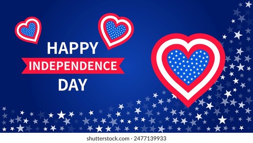 USA Independence Day banner. For 4th July greeting Background. Decorative elements with symbols of USA. Heart and scattering of stars is symbol of American patriotism. Vector flat illustration.