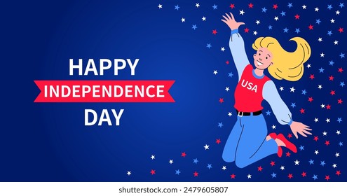 USA Independence Day banner. For 4th July greeting Background. Blonde girl is happy and jumping. Scattering of stars is symbol of American patriotism. Vector flat illustration.