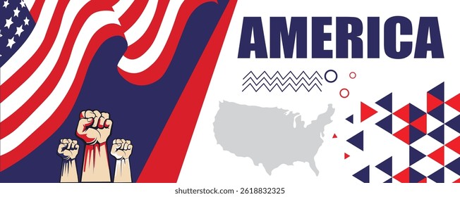 USA Independence Day Banner for 4th of July – Red and Blue Abstract Retro Background Design with Statue of Liberty, American Flag, Map, and National Eagle Vector Illustration