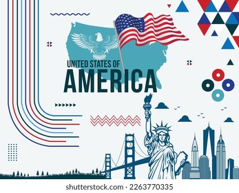 USA independence day banner, USA National Waving Flag, National Eagle, Statue of Liberty, landmarks, USA Map Vector Illustration