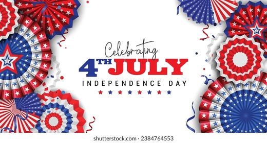 USA Independence Day banner. Paper fans in colors of the American flag with confetti and stars. Vector illustration.