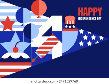 ANUNCIO del Día de la Independencia de Estados Unidos, Plantilla de afiches. 4 de julio diseño de bloques de color geométrico con bandera americana, símbolos sobre fondo de triángulo azul marino. Ilustración plana de Vector para tarjeta de felicitación de vacaciones