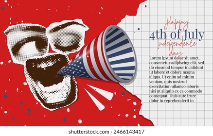 USA Independence Day Banner mit schreiendem Mund und Megafon oder Lautsprecher mit herausgerissener Papier-Sprechblase für Text. 4. Juli Aufmerksamkeit laut oder schreien. Vektorgrafik-Halbtoncollage