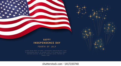 USA Independence Day banner template with fireworks and waving American national flag on navy blue background. 4th of July celebration poster, flyer, greeting card design. Memorial Day. Place for text