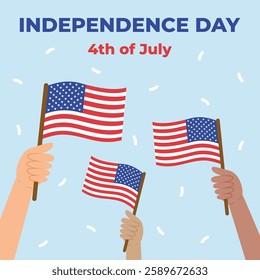 USA Independence Day banner. Template with diverse hands holding flags of United States of America. 4th of july poster. American people celebrating national holiday. Vector illustration.