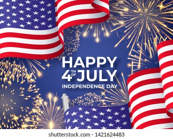 USA Independence day. Banner with waving American national flags and fireworks. 4th of July vector poster template