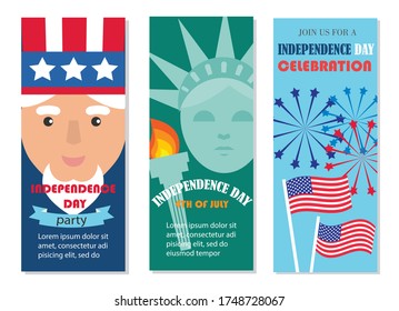 USA Independence Day banners set with American flags, fireworks, Uncle Sam