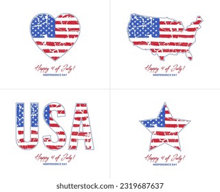 USA Independence Day banners set. 4 of July card with grunge United States of America flag in various forms - heart, US map, star and USA text. Holiday poster design. Vector.