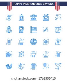 USA Independence Day Blue Set of 25 USA Pictograms of bat; mail; man; invitation; envelope Editable USA Day Vector Design Elements