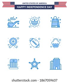 USA Independence Day Blue Set of 9 USA Pictograms of sports; ball; handbag; police; investigating Editable USA Day Vector Design Elements