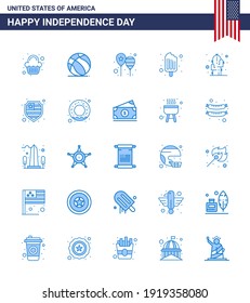 USA Independence Day Blue Set of 25 USA Pictograms of cactus; food; balloons; cream; america flag Editable USA Day Vector Design Elements