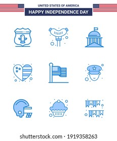 USA Independence Day Blue Set of 9 USA Pictograms of flag; usa; flag; flag; heart Editable USA Day Vector Design Elements