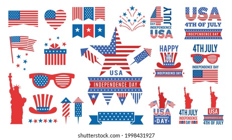 USA independence day bundle. Flags, red blue stars labels and banners. Isolated american symbols vector set