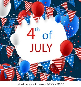 USA Independence Day card with flags, stars and balloons. Vector illustration.