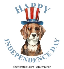 USA Independence day card. Vector watercolor American dog wearing a top hat in the colors of the USA flag with text. Happy 4th July. Template for banner, greeting card, invitation, poster, flyer, etc.