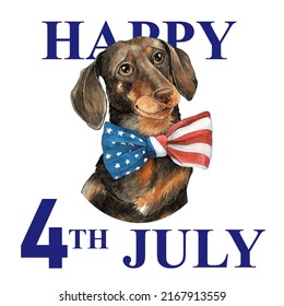 Tarjeta del Día de la Independencia de Estados Unidos. Dachshund perro acuarela con un sombrero superior en los colores de la bandera de Estados Unidos con texto. Feliz 4 de julio. Plantilla para banner, tarjeta de saludo, invitación, afiche, volante, etc.