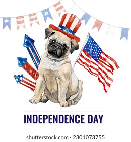USA Independence Day card. Watercolor Pug wearing a top hat in the colors of the USA flag. Happy  4th of July. American Independence Day Party celebration. Template for greeting card, pillow, mug etc.