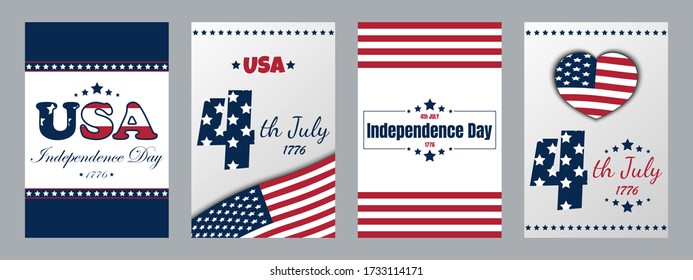 USA Independence day cards. Set of Independence Day cards. 4th of July greeting cards. United States of America day. Independence Day. Vector illustration.