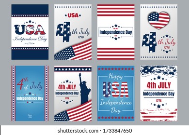 USA Independence day cards. Set of Independence Day cards. 4th of July greeting cards. United States of America day. Independence Day. Vector illustration.