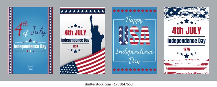 USA Independence day cards. Set of Independence Day cards. 4th of July greeting cards. United States of America day. Independence Day. Vector illustration.