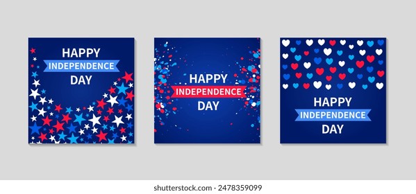 USA Independence Day cards set. For 4th July Social media greeting square post. Background template design collection with American color stars, hearts and confetti. Vector flat illustration.