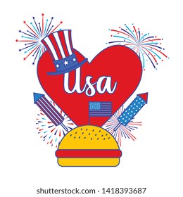 USA independence day cartoons, heart hamburger fireworks and uncle sam hat. vector editable illustration image