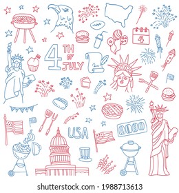 USA Independence Day celebration doodles. Vector illustration