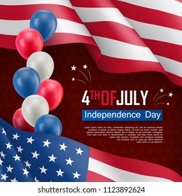 USA Independence day celebration poster. Fourth of July felicitation greeting vector illustration. Realistic american flag and air balloons on starry background. American national patriotic holiday