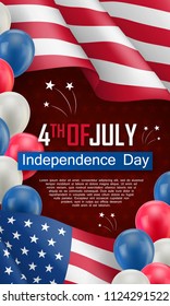 USA Independence day celebration poster. Fourth of July felicitation greeting vector illustration. Realistic american flag and air balloons on starry background. American national patriotic holiday