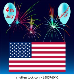 USA Independence day colored background 4th of july with flag, firework and balloons, illustration