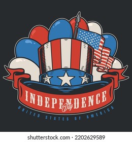 USA Independence Day colorful poster vintage hat and balloons with flag in patriotic colors for July 4th celebration vector illustration