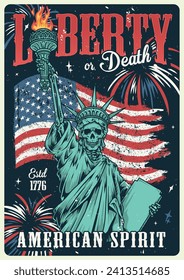 USA independence day colorful vintage sticker with statue of liberty in shape skeleton and American flag near fireworks vector illustration