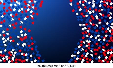 USA Independence Day. Colors of American Flag. Red, Blue and White Stars on Blue Gradient Background. Invitation Background. Banner, Christmas and New Year card, Postcard, Packaging, Textile Print.