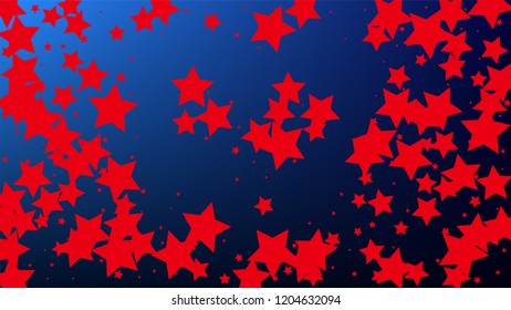 USA Independence Day. Colors of American Flag. . Abstract Background with Many Random Falling Stars Confetti on Blue Background. 