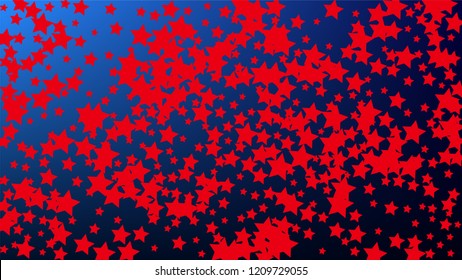 USA Independence Day. Colors of American Flag. Red, Blue and White Stars on Blue Gradient Background. Abstract Background with Many Random Falling Stars Confetti on Blue Background. 