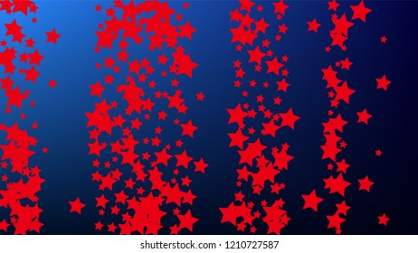 USA Independence Day. Colors of American Flag. Red, Blue and White Stars on Blue Gradient Background. Abstract Background with Many Random Falling Stars Confetti on Blue Background. 