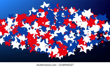 USA Independence Day. Colors of American Flag. Red, Blue and White Stars on Blue Gradient Background. Abstract Background with Many Random Falling Stars Confetti on Blue Background. 
