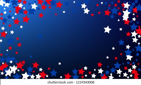 USA Independence Day. Colors of American Flag. Red, Blue and White Stars on Blue Gradient Background. Invitation Background. Banner, Christmas and New Year card, Postcard, Packaging, Textile Print.