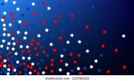 USA Independence Day. Colors of American Flag. Red, Blue and White Stars on Blue Gradient Background. Invitation Background. Banner, Christmas and New Year card, Postcard, Packaging, Textile Print.