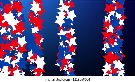 USA Independence Day. Colors of American Flag. Red, Blue and White Stars on Blue Gradient Background. Invitation Background. Banner, Christmas and New Year card, Postcard, Packaging, Textile Print.