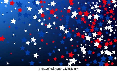 USA Independence Day. Colors of American Flag. . Abstract Background with Many Random Falling Stars Confetti on Blue Background. 