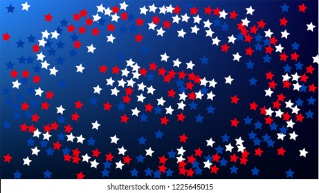 USA Independence Day. Colors of American Flag. Red, Blue and White Stars on Blue Gradient Background. Abstract Background with Many Random Falling Stars Confetti on Blue Background. 