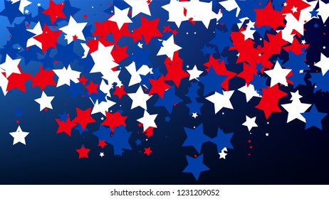 USA Independence Day. Colors of American Flag. . Abstract Background with Many Random Falling Stars Confetti on Blue Background. 