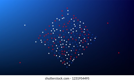USA Independence Day. Colors of American Flag. Red, Blue and White Stars on Blue Gradient Background. Abstract Background with Many Random Falling Stars Confetti on Blue Background. 