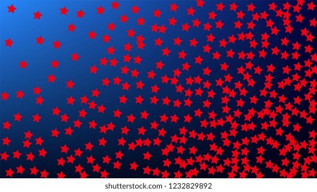 USA Independence Day. Colors of American Flag. . Abstract Background with Many Random Falling Stars Confetti on Blue Background. 