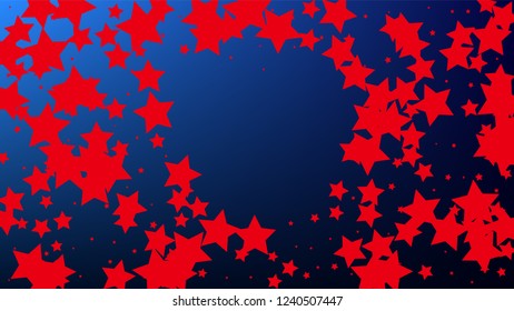 USA Independence Day. Colors of American Flag. Red, Blue and White Stars on Blue Gradient Background. Invitation Background. Banner, Christmas and New Year card, Postcard, Packaging, Textile Print.