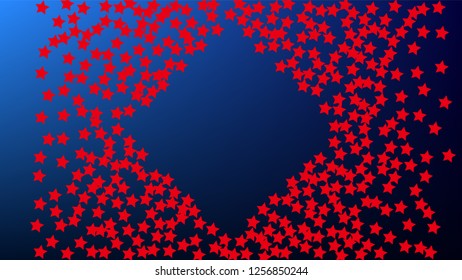 USA Independence Day. Colors of American Flag. Red, Blue and White Stars on Blue Gradient Background. Abstract Background with Many Random Falling Stars Confetti on Blue Background. 