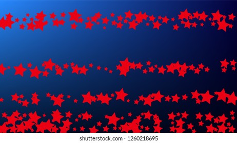 USA Independence Day. Colors of American Flag. . Abstract Background with Many Random Falling Stars Confetti on Blue Background. 